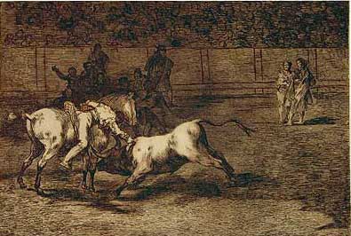 Mariano Ceballos alias "el indio" , mata al toro desde el caballo.La Tauromaquia de Goya